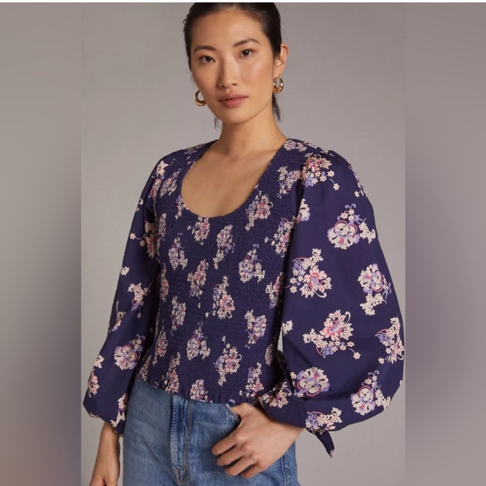 Anthropologie Navy Smocked Open-Back Top NWOT 2X
